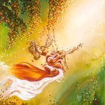 Figurative painting woman swinging in the forest art